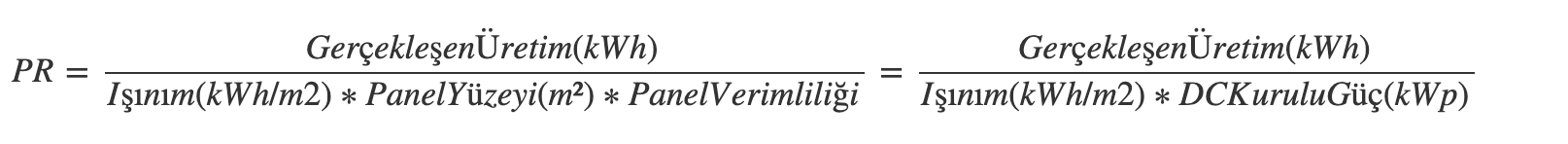 PR oranının ışınım, panel yüzeyi ve verimlilik üzerinden hesaplandığını gösteren formül