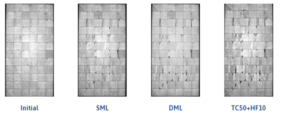 Mekanik yükleme testinde Initial, SML, DML ve TC50+HF10 aşamalarındaki panel EL görüntüleri