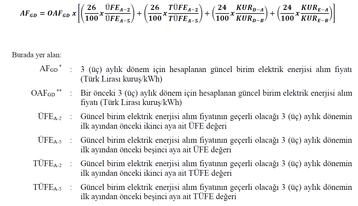 YEKA fiyat güncelleme formülü ve ÜFE/TÜFE değişkenlerinin tanımları