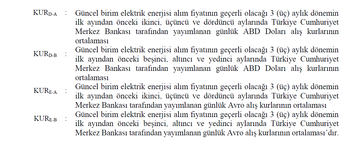 Fiyat formülündeki döviz kuru (KUR) değişkenlerinin tanımlarını gösteren metin