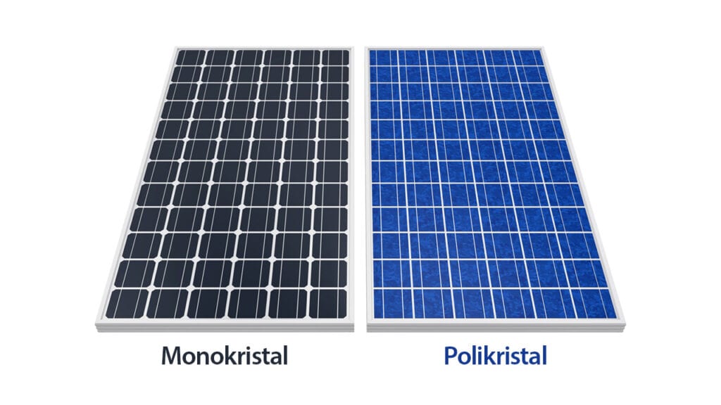 Monokristal (koyu renkli) ve polikristal (mavi) bir güneş panelinin yan yana karşılaştırması