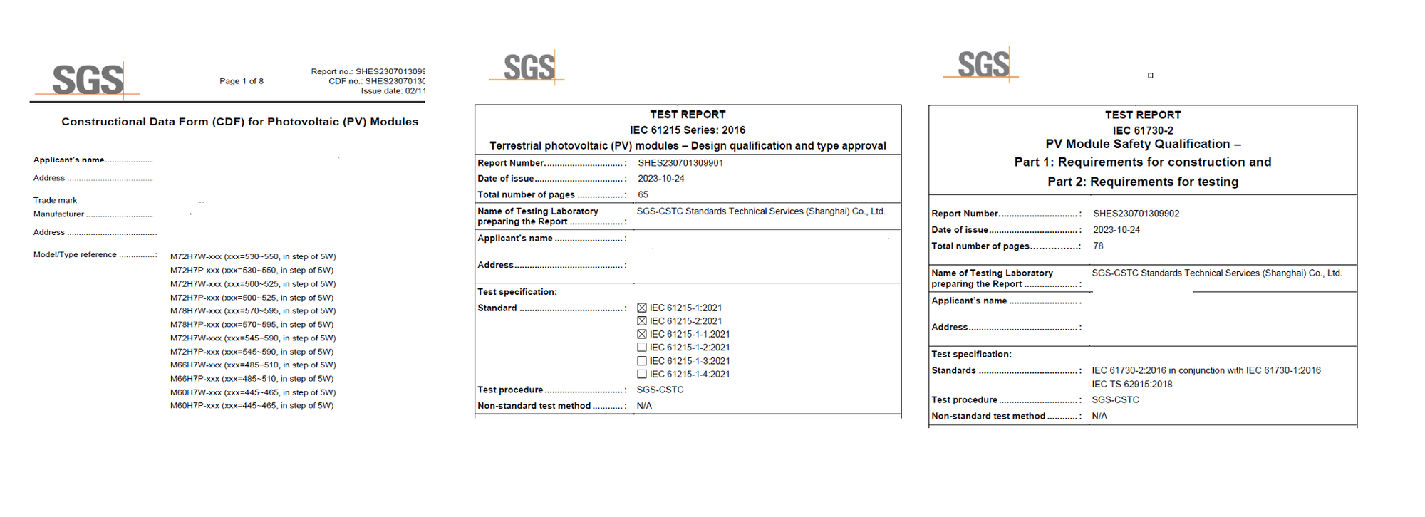 Fotovoltaik modüller için Constructional Data Form (CDF) sayfası ile iki SGS test raporu kapağı